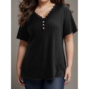 BloomChic Women 22-24 Black Lace Neckline Ribbed Short Sleeve Popover Gothic Top